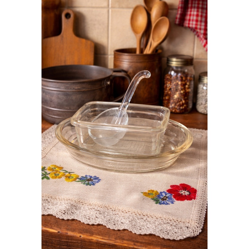 Vintage Glass Mini Casserole, baking dish & ladle